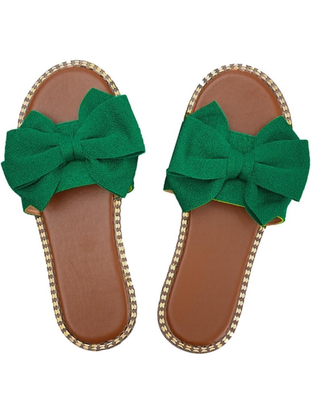 Women's Green Bow Knot Slides Open Toe Flat Slip On Faux Leather Slippers